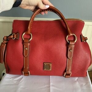 Dooney & Bourke Large Red Pebbled Leather Satchel Top Handle Bag Purse W Tassels